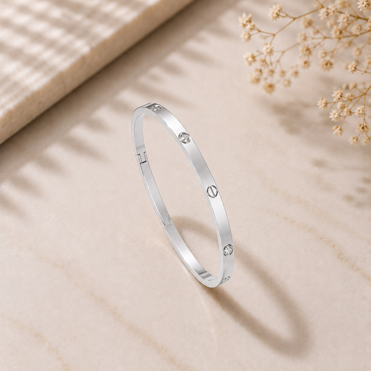 Slim Crystal & Screw Bangle Bracelet - Stainless Steel