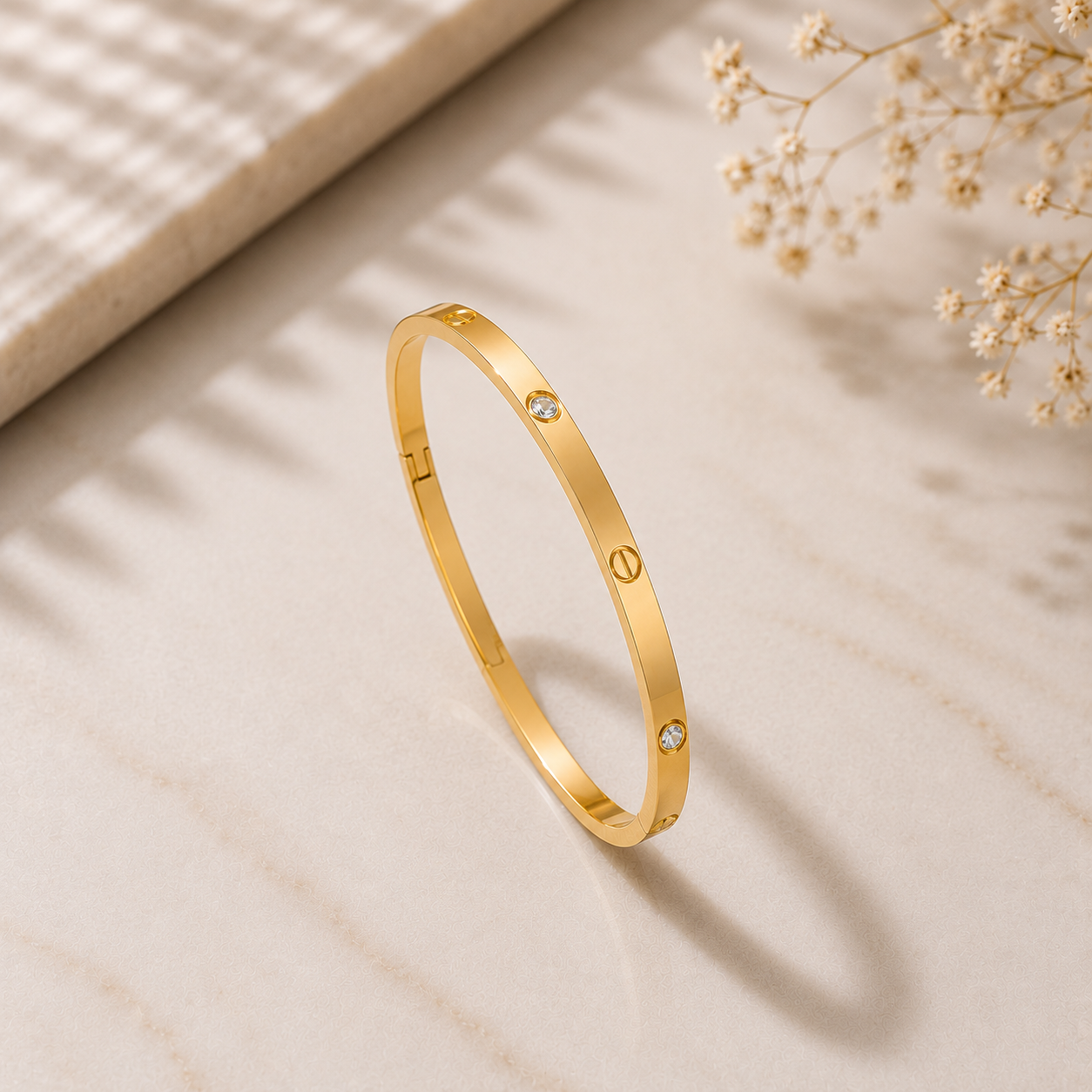 Slim Crystal & Screw Bangle Bracelet - Stainless Steel