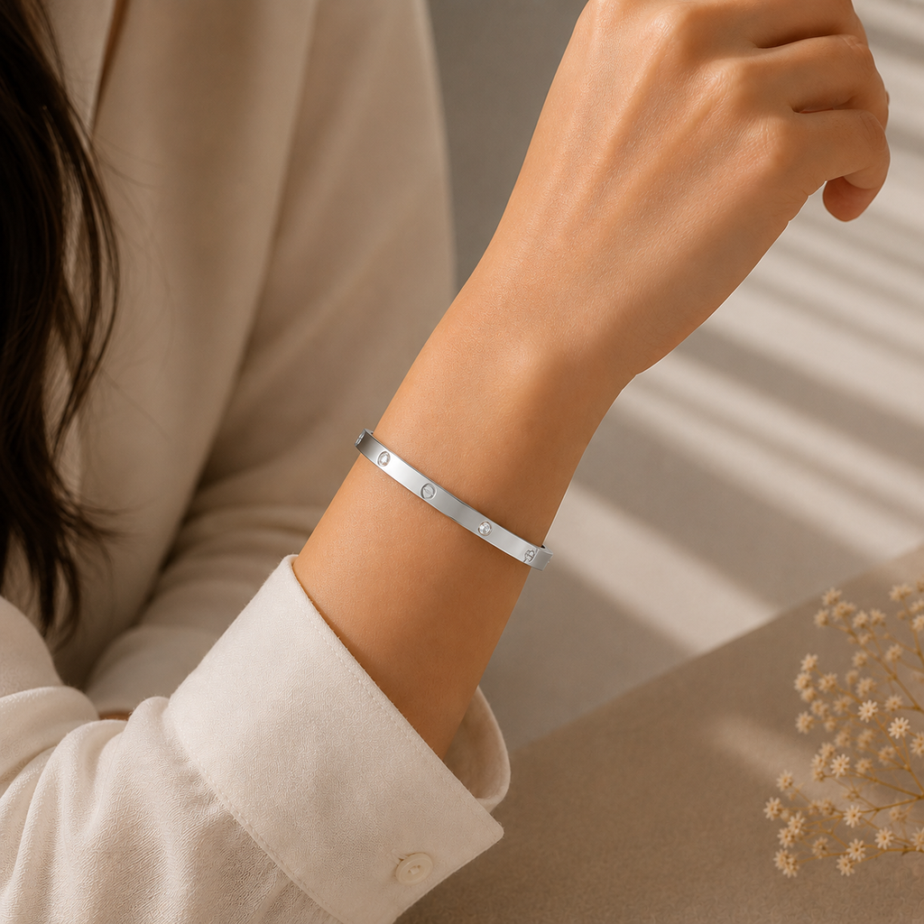Slim Crystal & Screw Bangle Bracelet - Stainless Steel