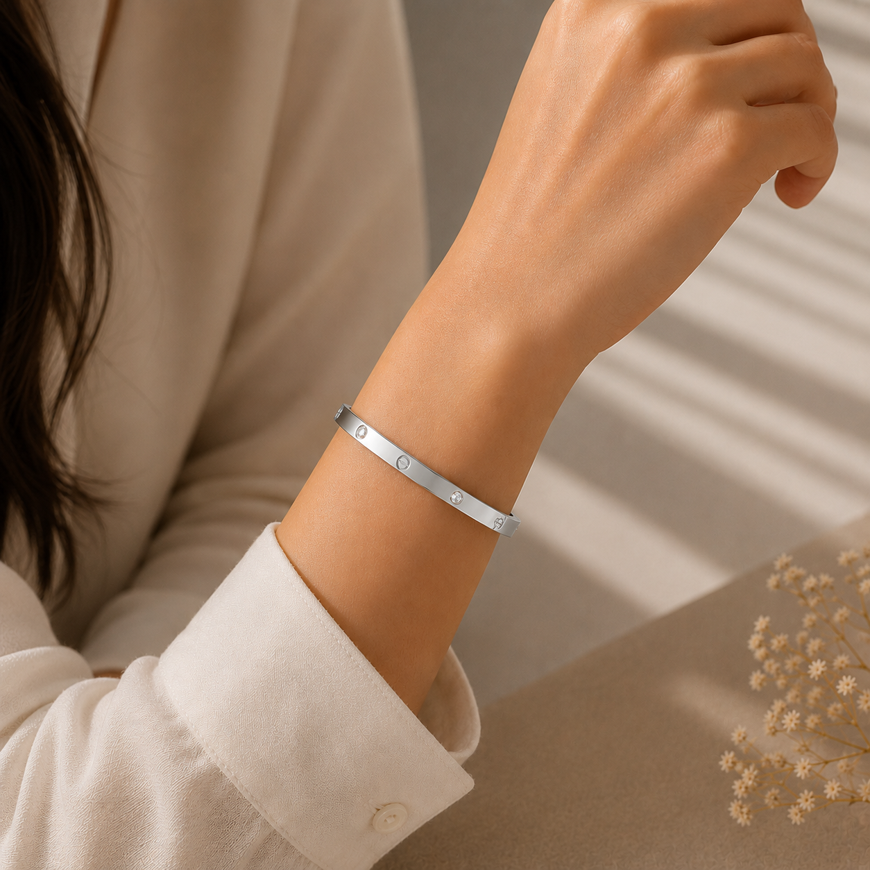 Slim Crystal & Screw Bangle Bracelet - Stainless Steel
