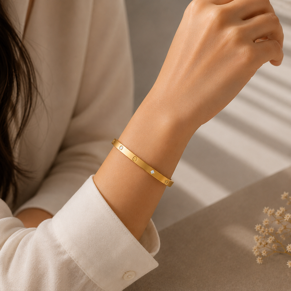 Slim Crystal & Screw Bangle Bracelet - Stainless Steel