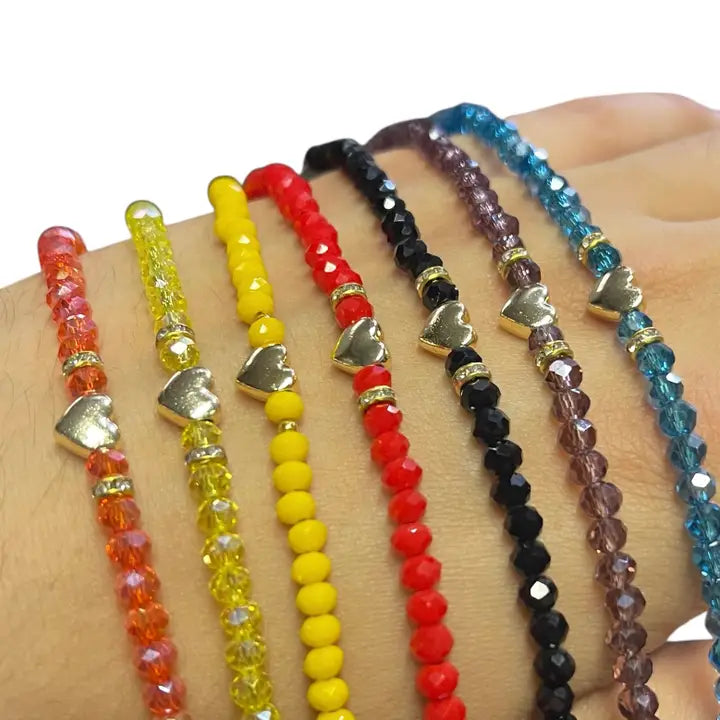 Crystal Beaded Bracelet with Heart Charm - 6 Color Options