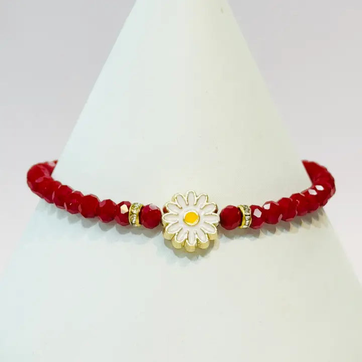 Crystal Beaded Bracelet with Daisy Charm - 7 Color Options