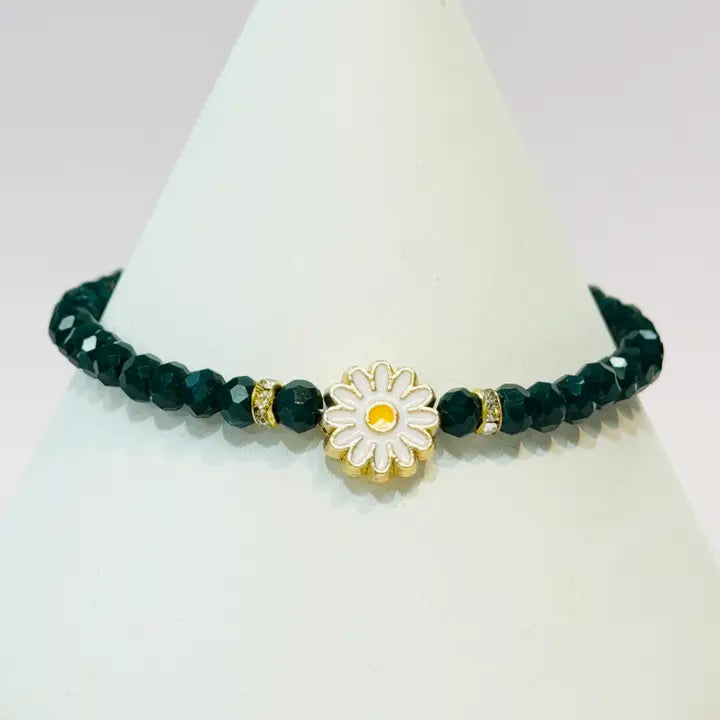 Crystal Beaded Bracelet with Daisy Charm - 7 Color Options