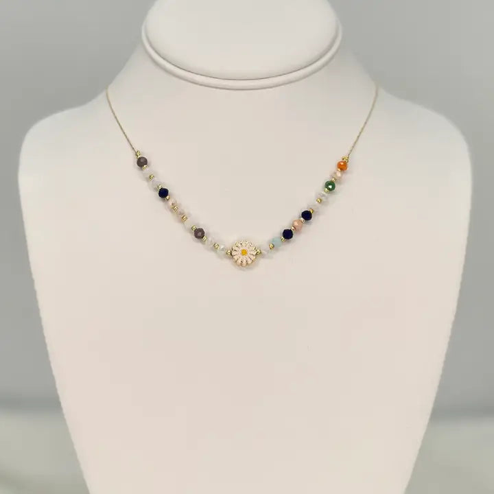 Gold Plated Daisy Beaded Necklace - Handmade Protection