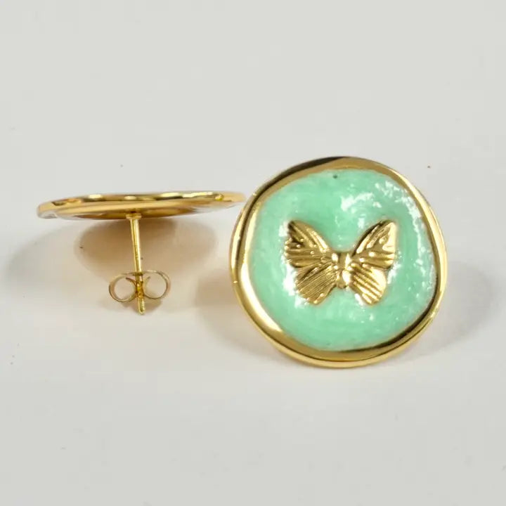 Stainless Steel Gold Mint Enamel Butterfly Stud Earrings