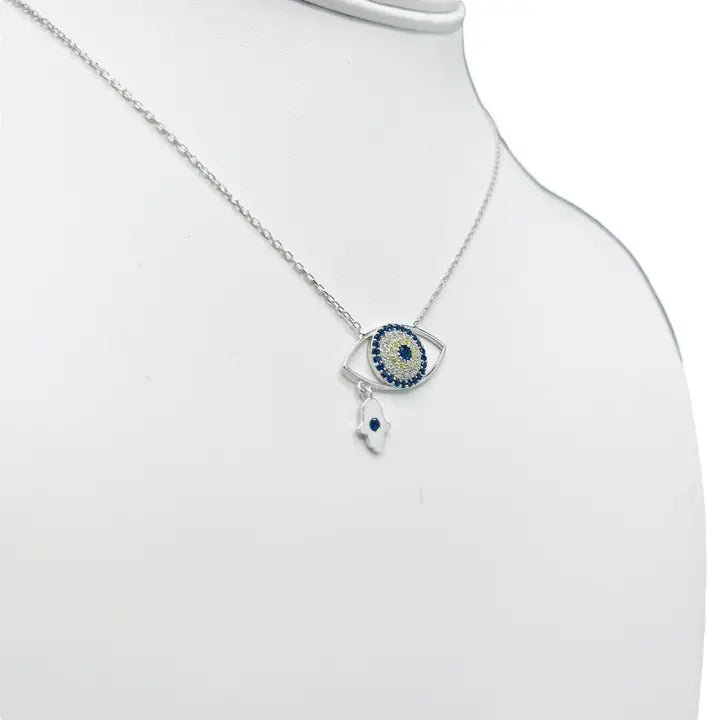925 Sterling Silver - Large Oval Evileye With Hamsa Necklace