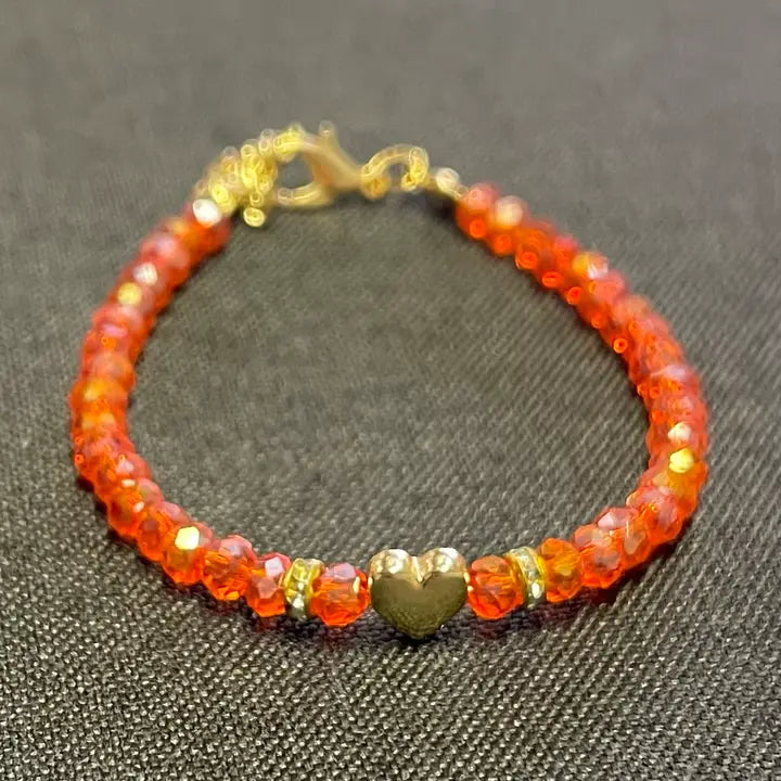 Crystal Beaded Bracelet with Heart Charm - 6 Color Options