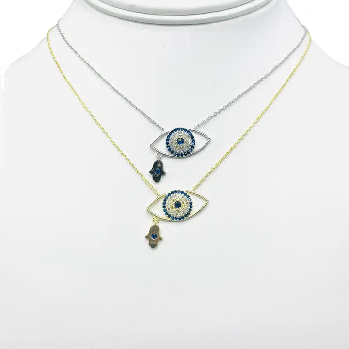 925 Sterling Silver - Large Oval Evileye With Hamsa Necklace