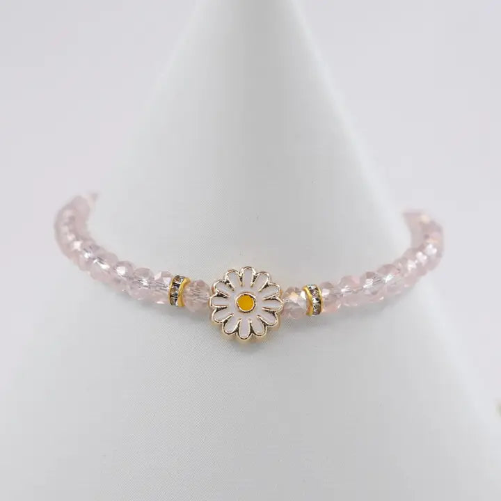 Crystal Beaded Bracelet with Daisy Charm - 7 Color Options