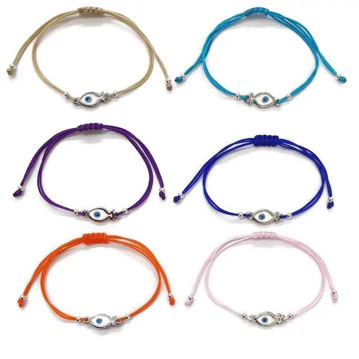 Fish Evil Eye Enamel String Bracelet – Adjustable
