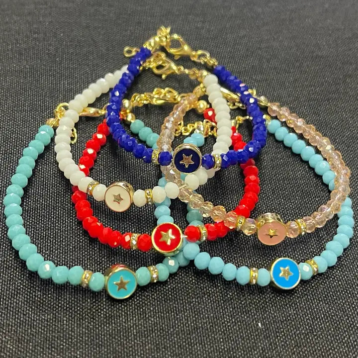 Crystal Beaded Bracelet with Star  Charm - 6 Color Options 