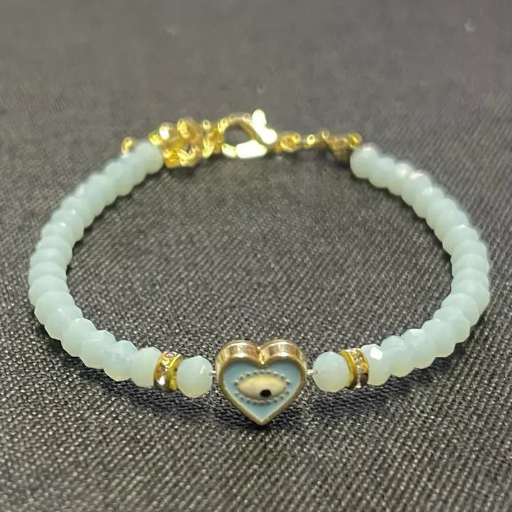 Crystal Beaded Bracelet with Heart Charm - 3 Color Options