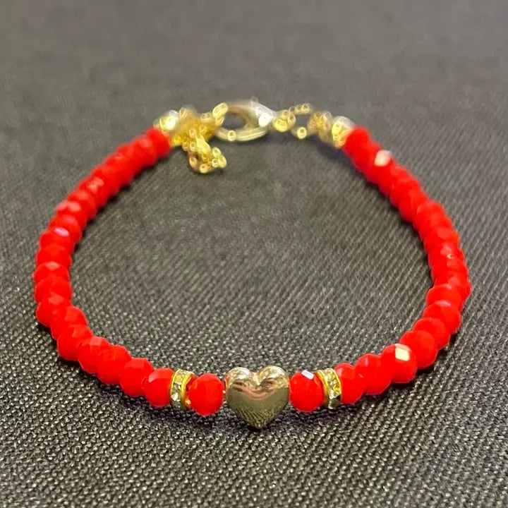 Crystal Beaded Bracelet with Heart Charm - 6 Color Options