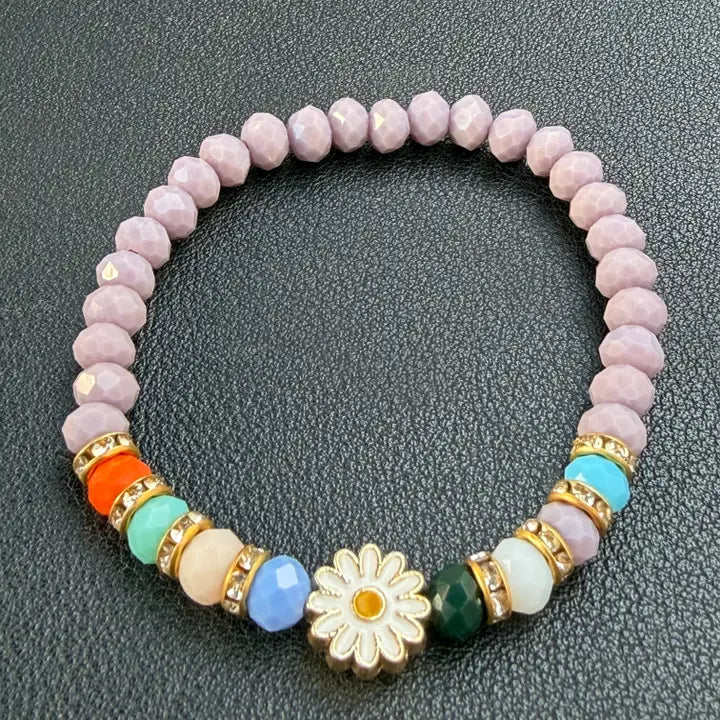 Stretchy Beaded Flower Charm Bracelets – 7 Color Set 
