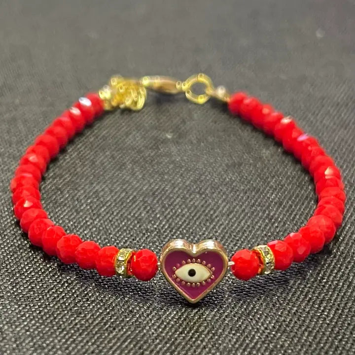 Crystal Beaded Bracelet with Heart Charm - 3 Color Options