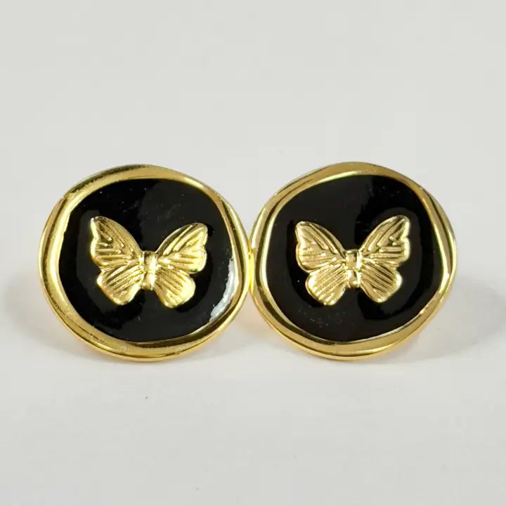 Stainless Steel Gold Black Enamel Butterfly Stud Earrings