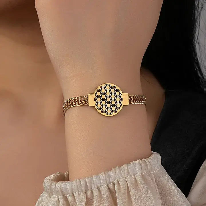 Elegant Stainless Steel Flower of Life Bracelet - Adjustable