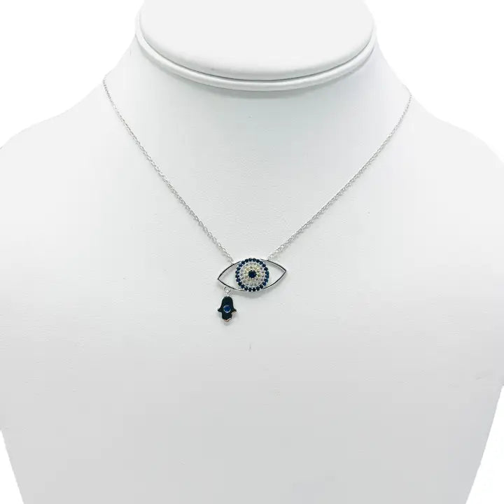 925 Sterling Silver - Large Oval Evileye With Hamsa Necklace