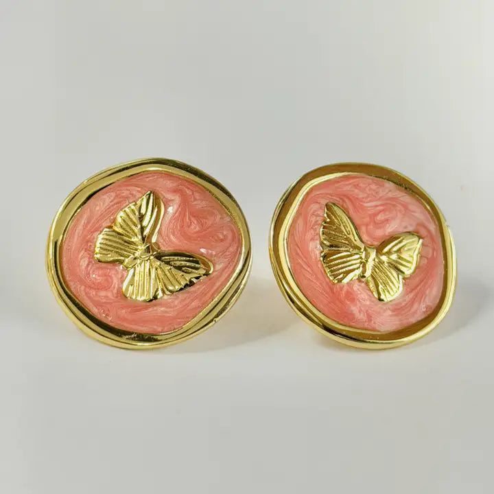 Stainless Steel Gold Coral Enamel Butterfly Stud Earrings