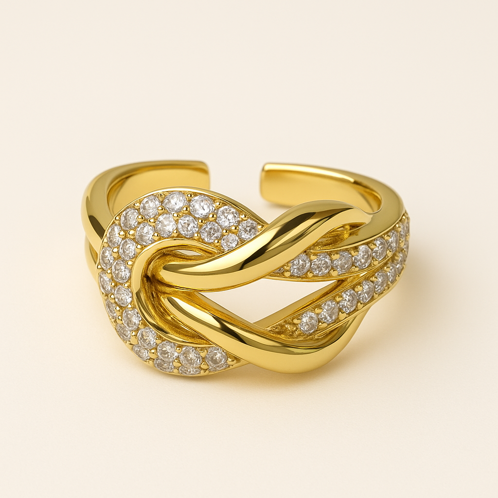 Golden Knot Ring – Intertwined Elegance with Sparkling CZs