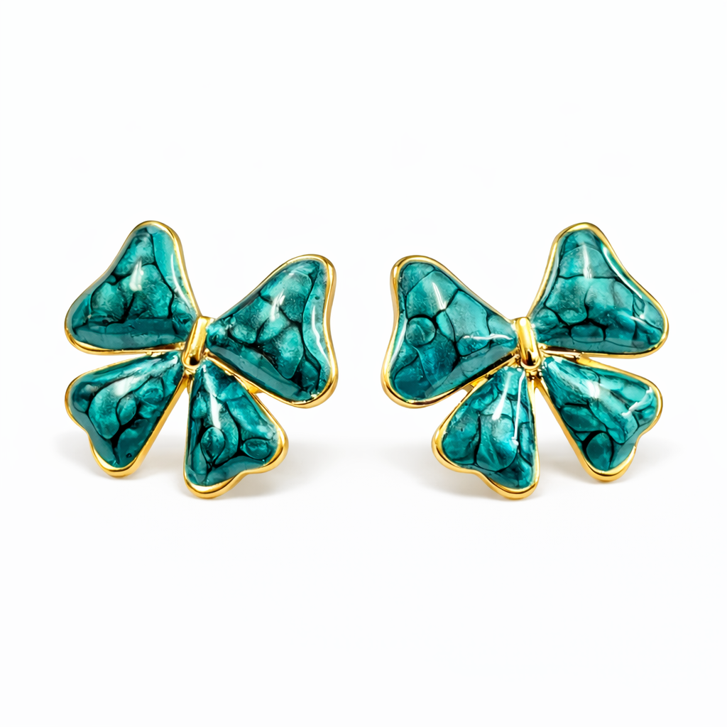 Stainless Steel Gold Turquoise Enamel Bow Stud Earrings