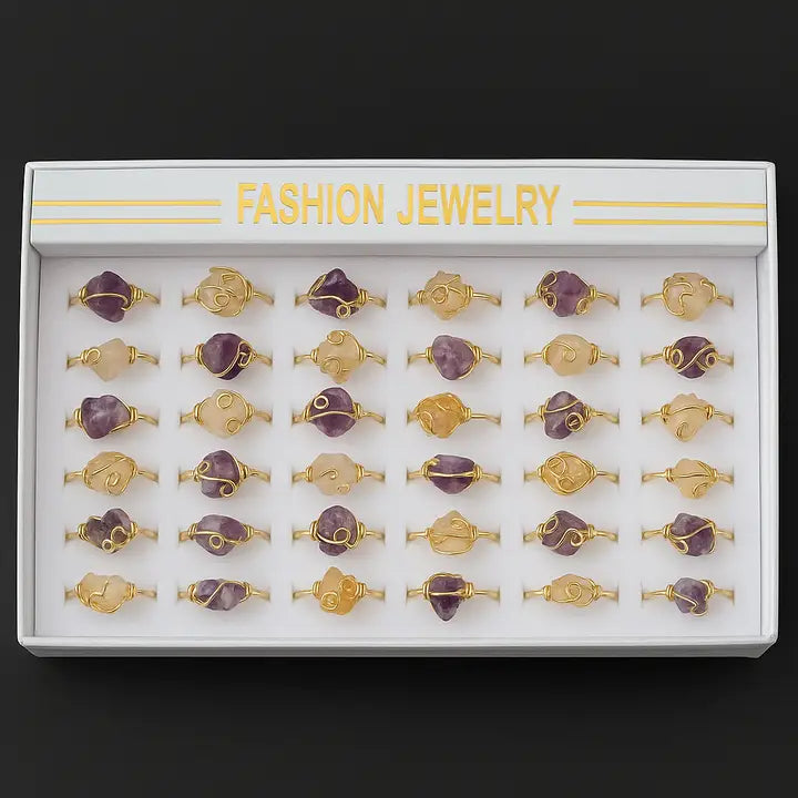 Raw Crystal Stone Rings – Adjustable (Box of 36)