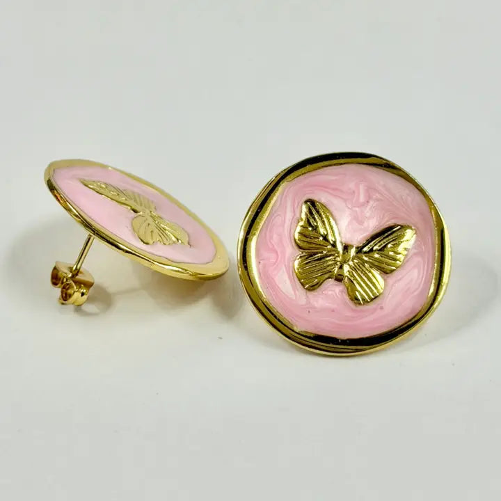 Stainless Steel Gold Pink Enamel Butterfly Stud Earrings