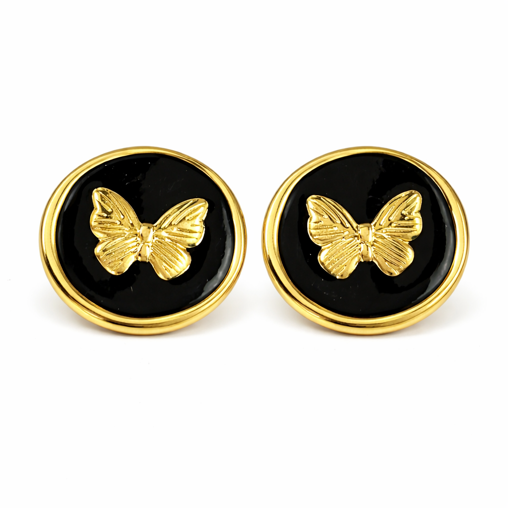 Stainless Steel Gold Black Enamel Butterfly Stud Earrings