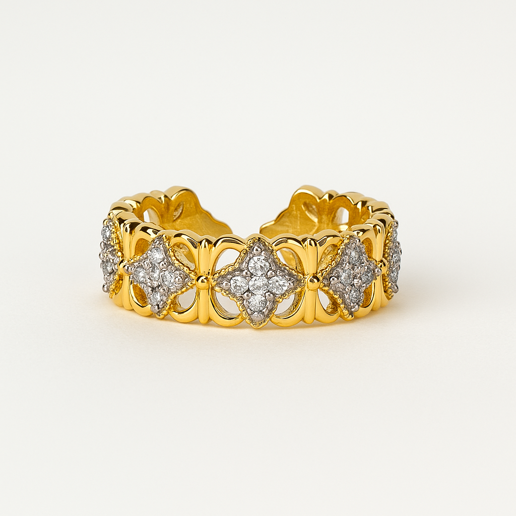 Clover Crown Ring – Golden CZ Linked Floral Band