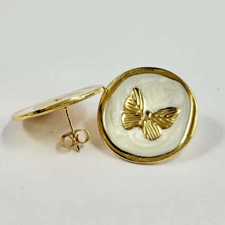 Stainless Steel Gold White Enamel Butterfly Stud Earrings