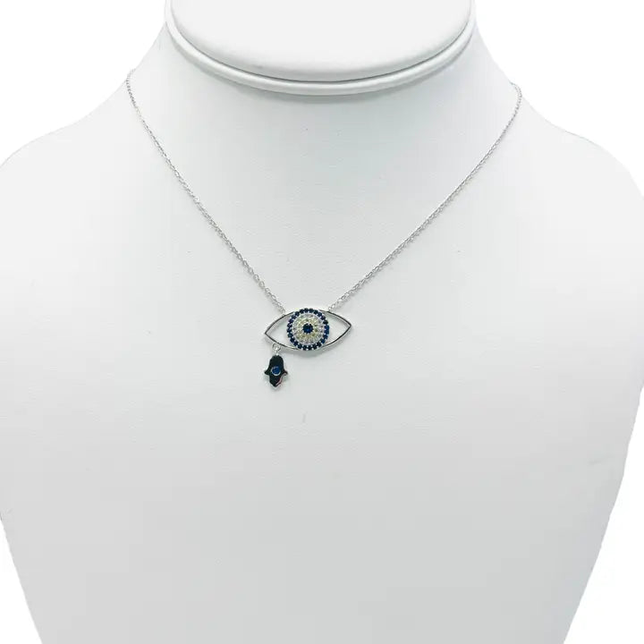 925 Sterling Silver - Large Oval Evileye With Hamsa Necklace