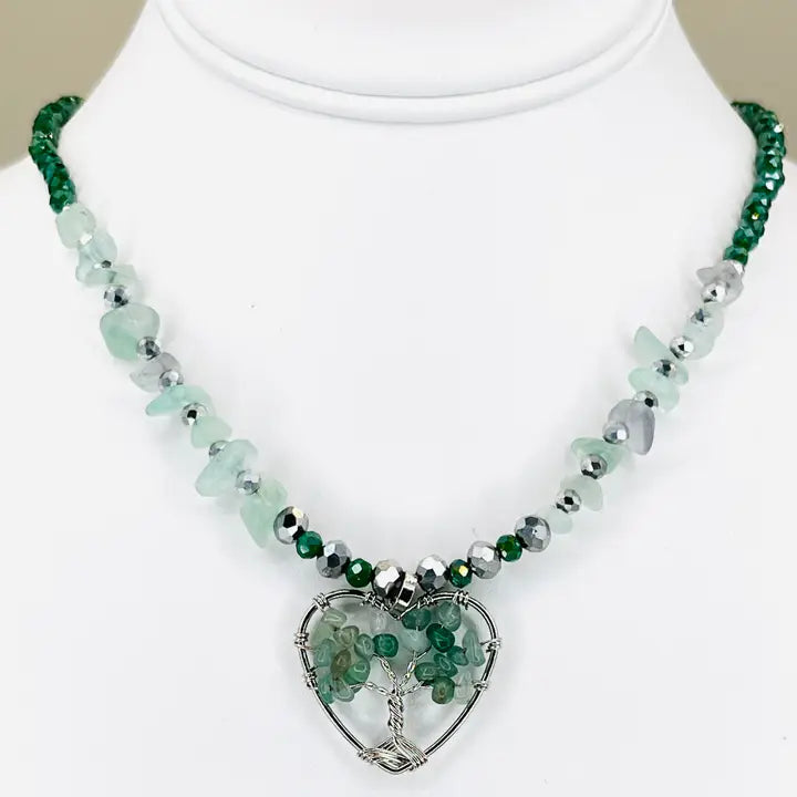 Green Aventurine Tree of Life Heart Necklace - Chakras