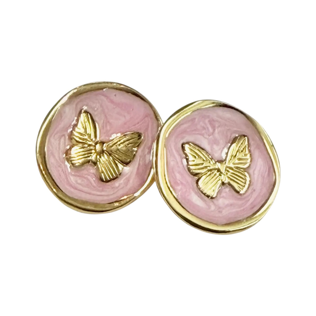 Stainless Steel Gold Pink Enamel Butterfly Stud Earrings