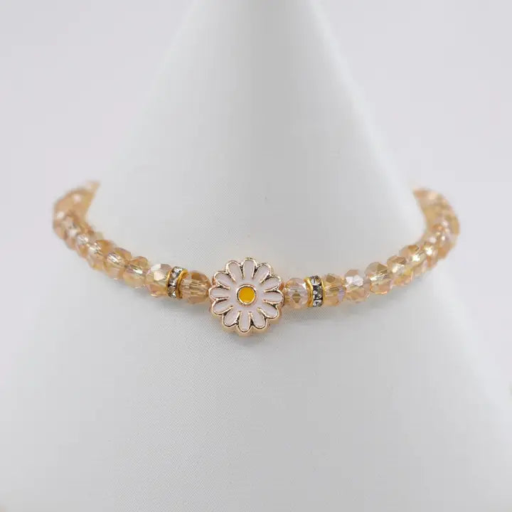 Crystal Beaded Bracelet with Daisy Charm - 7 Color Options