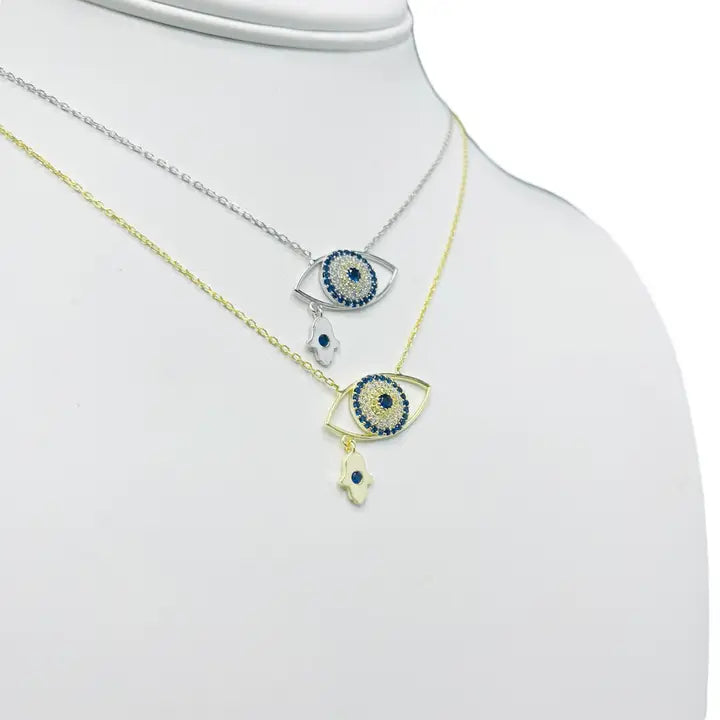 925 Sterling Silver - Large Oval Evileye With Hamsa Necklace