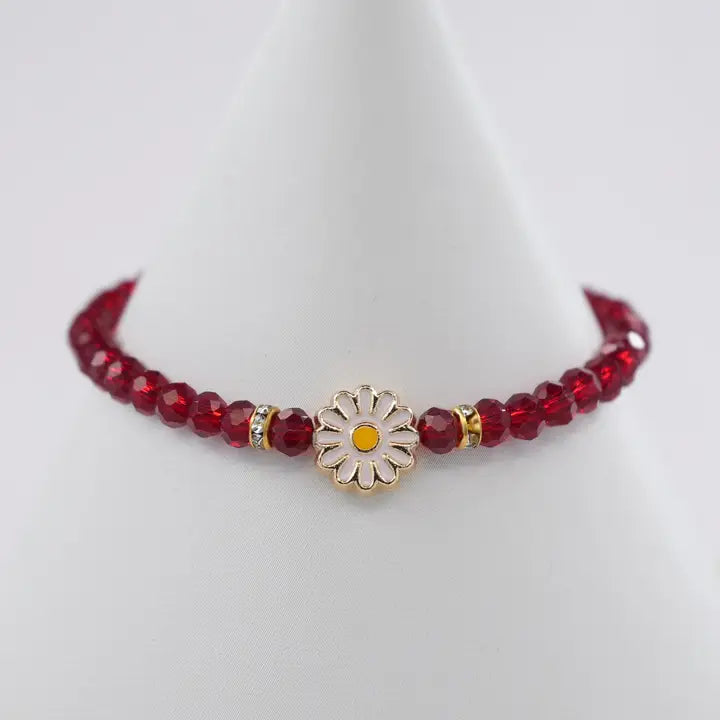 Crystal Beaded Bracelet with Daisy Charm - 7 Color Options