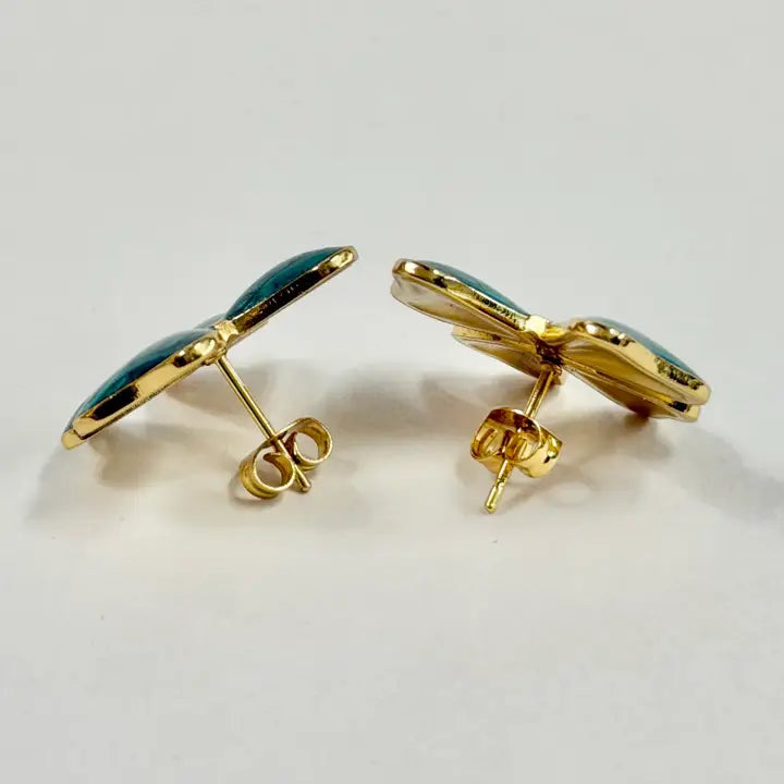 Stainless Steel Gold Turquoise Enamel Bow Stud Earrings