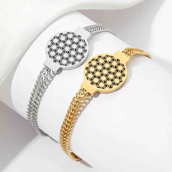 Elegant Stainless Steel Flower of Life Bracelet - Adjustable