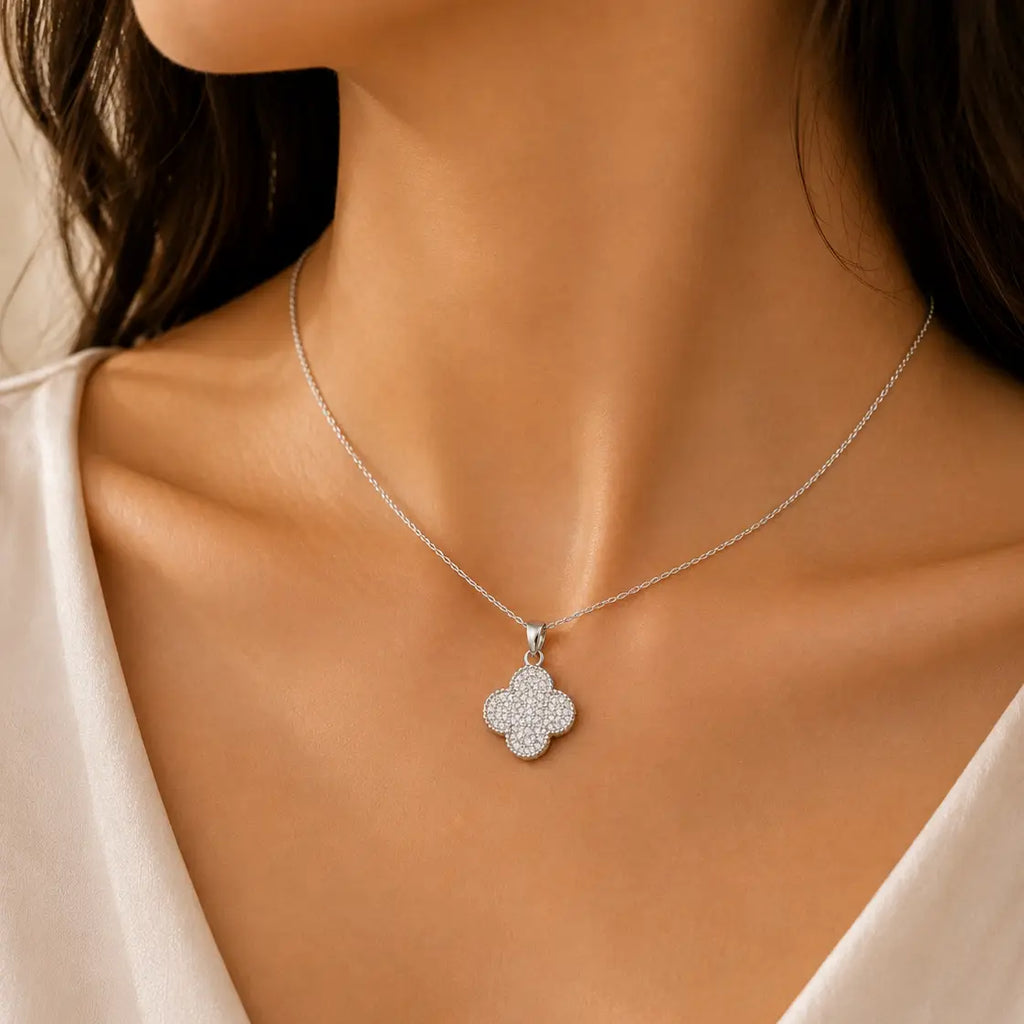 Crystal Clover Pendant Necklace–Silver Plated/StainlessSteel