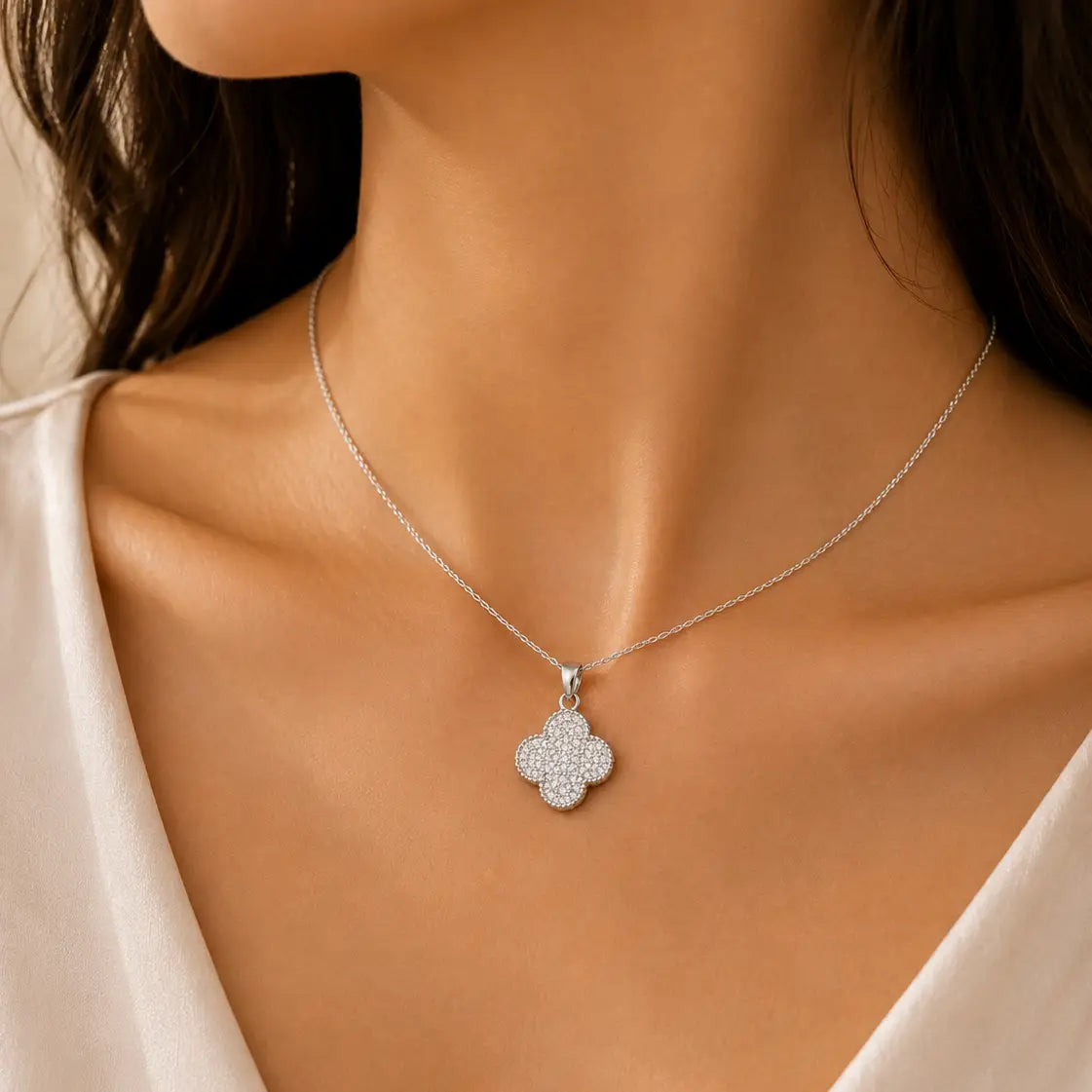 Crystal Clover Pendant Necklace–Silver Plated/StainlessSteel