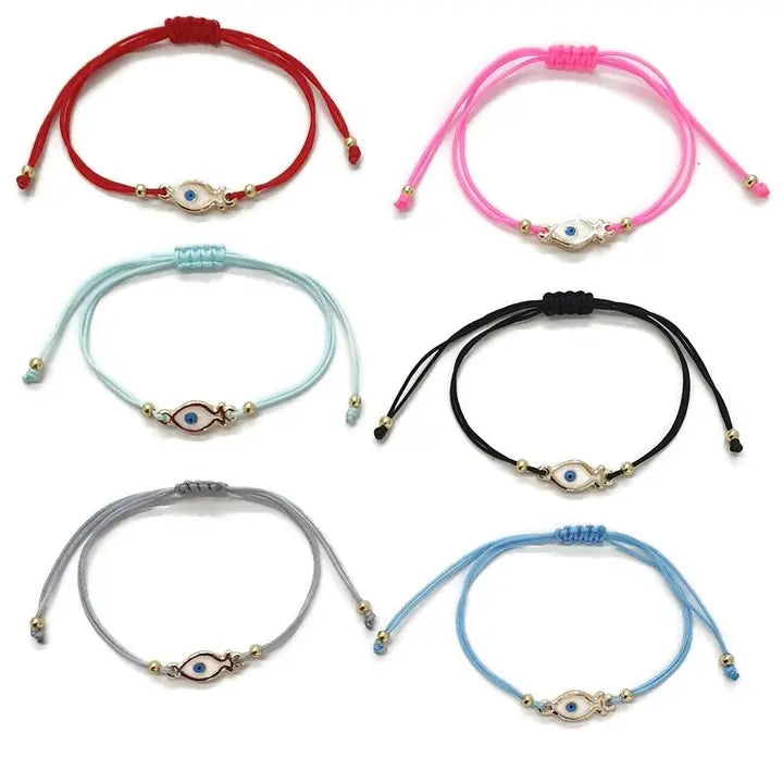 Fish Evil Eye Enamel String Bracelet – Adjustable