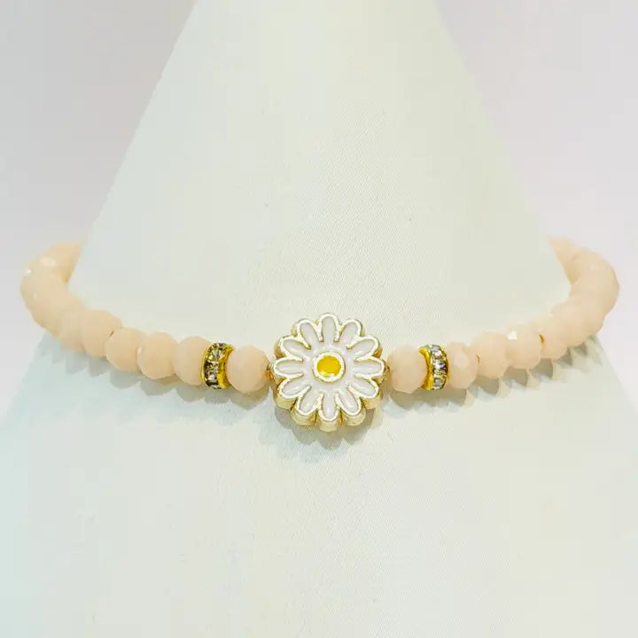 Crystal Beaded Bracelet with Daisy Charm - 7 Color Options