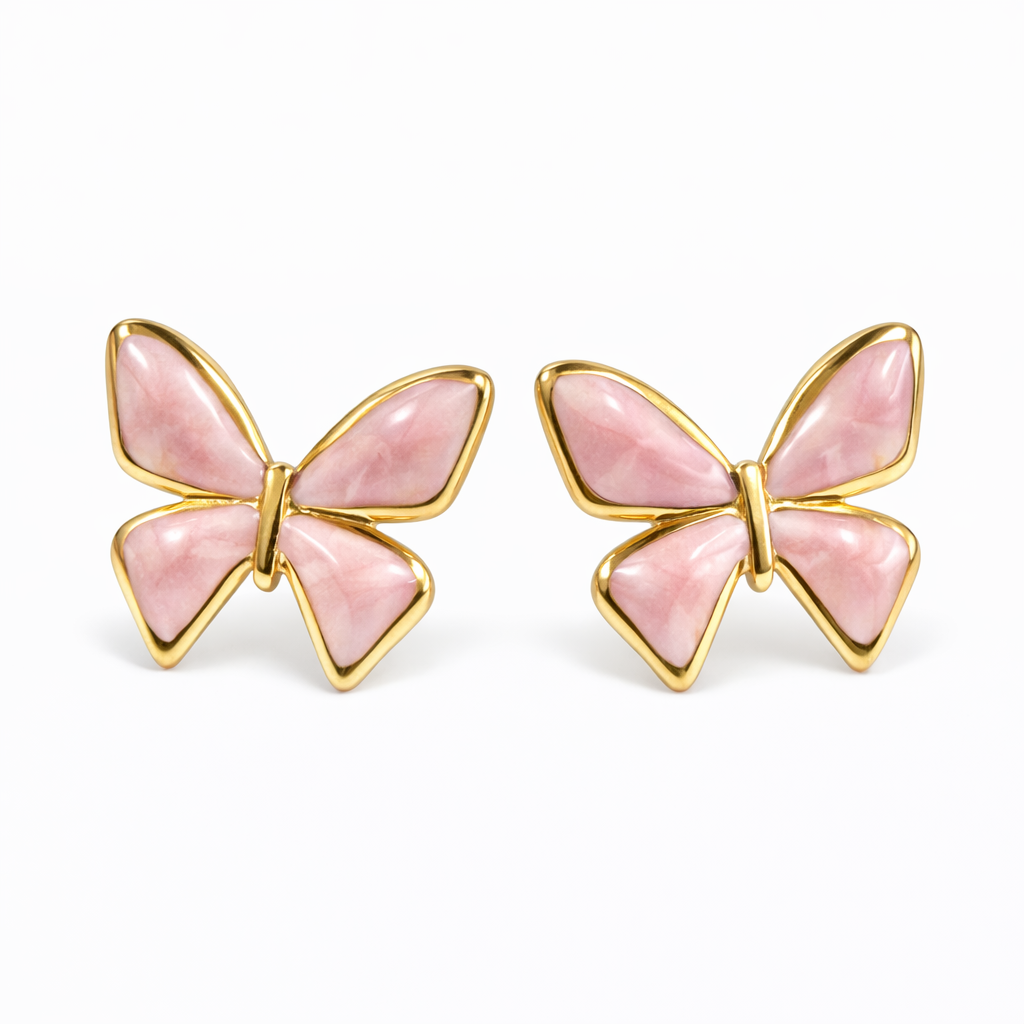 Stainless Steel Gold Enamel Pink Butterfly Stud Earrings