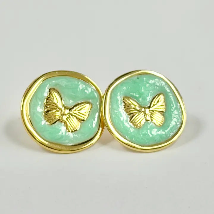 Stainless Steel Gold Mint Enamel Butterfly Stud Earrings