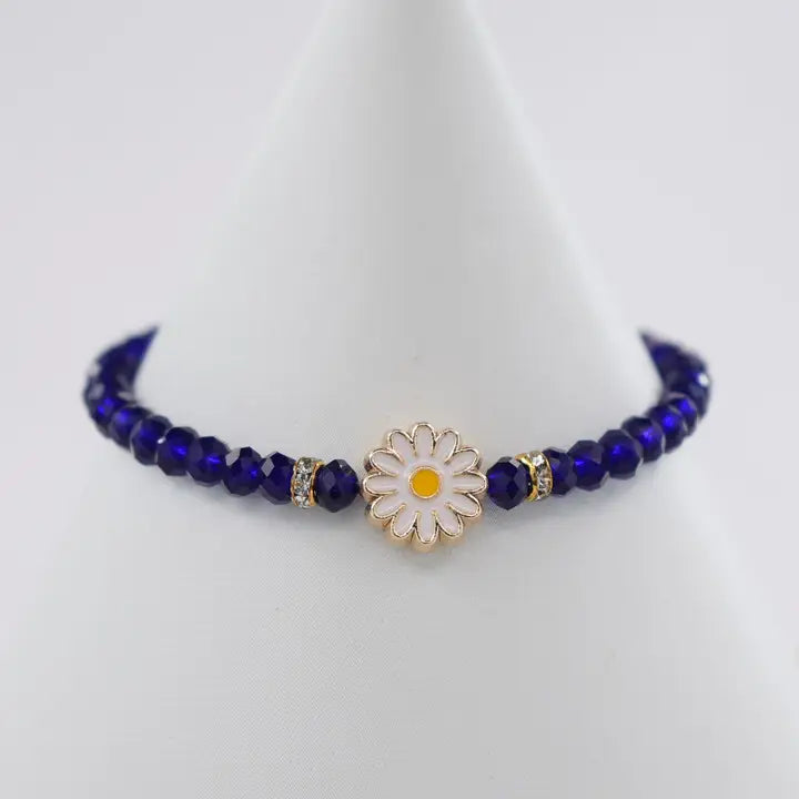 Crystal Beaded Bracelet with Daisy Charm - 7 Color Options