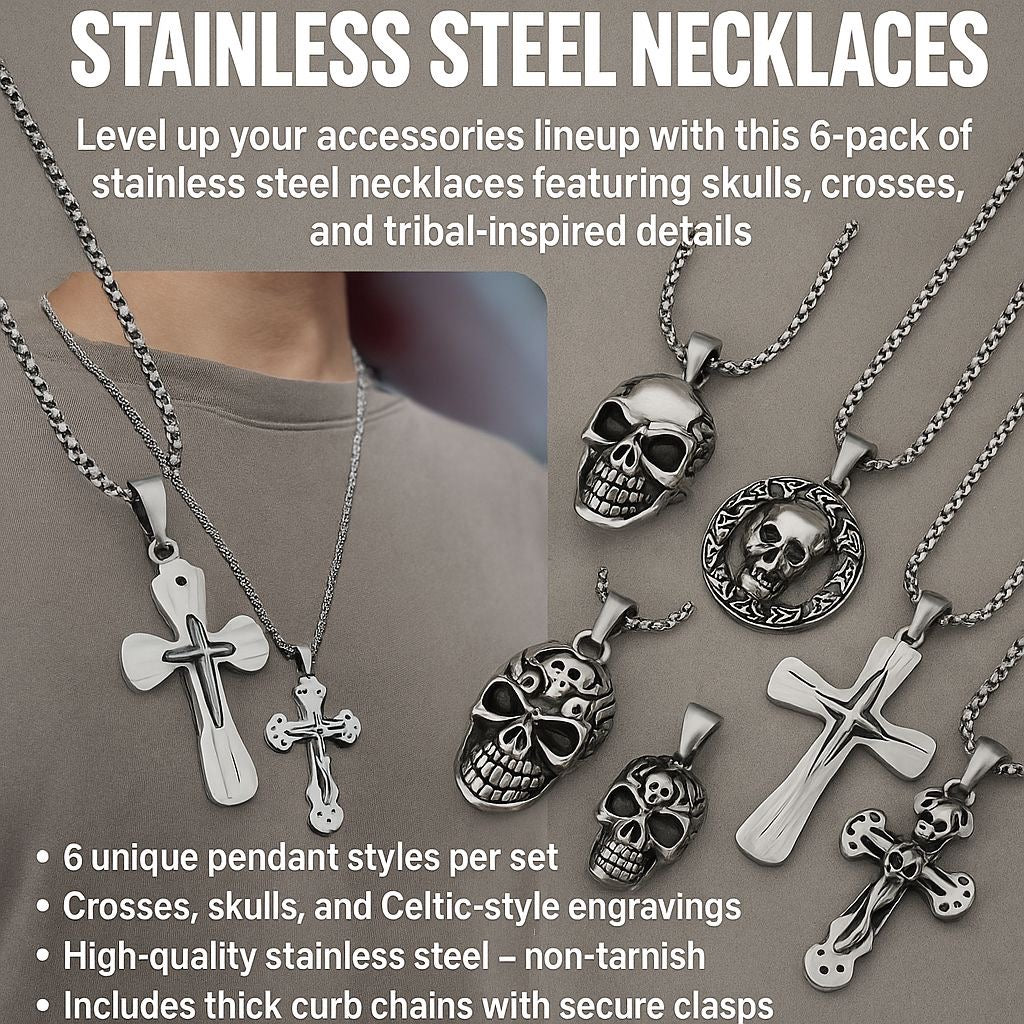 6-Pack Stainless Steel Pendants | Gothic & Religious Mix