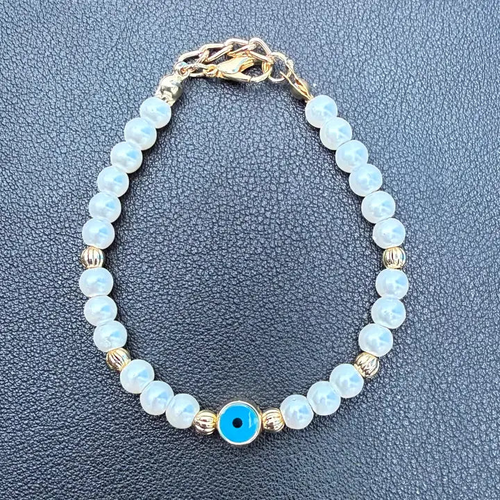 Pearl & Evil Eye Protection Bracelet – Gold Accent