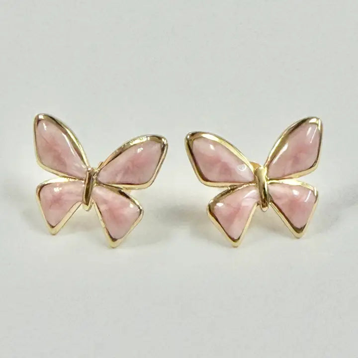 Stainless Steel Gold Enamel Pink Butterfly Stud Earrings