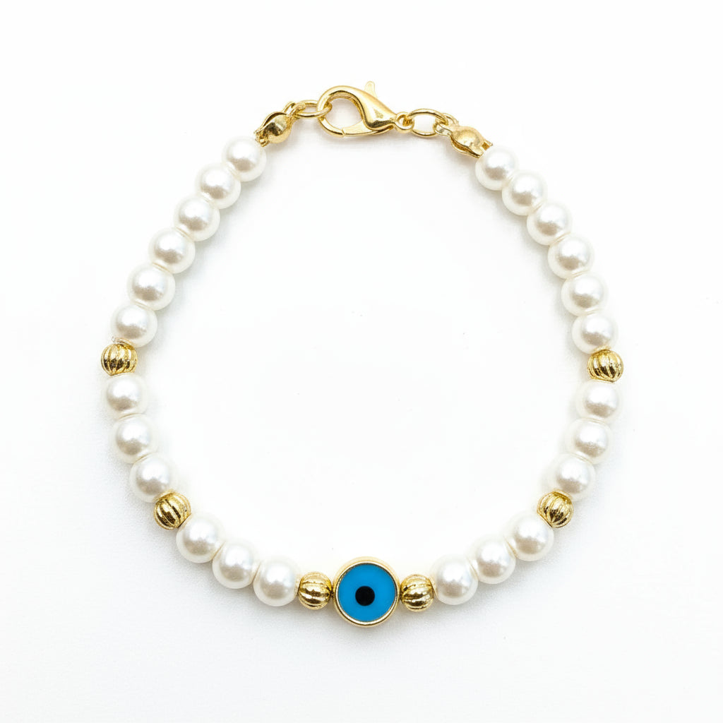 Pearl & Evil Eye Protection Bracelet – Gold Accent